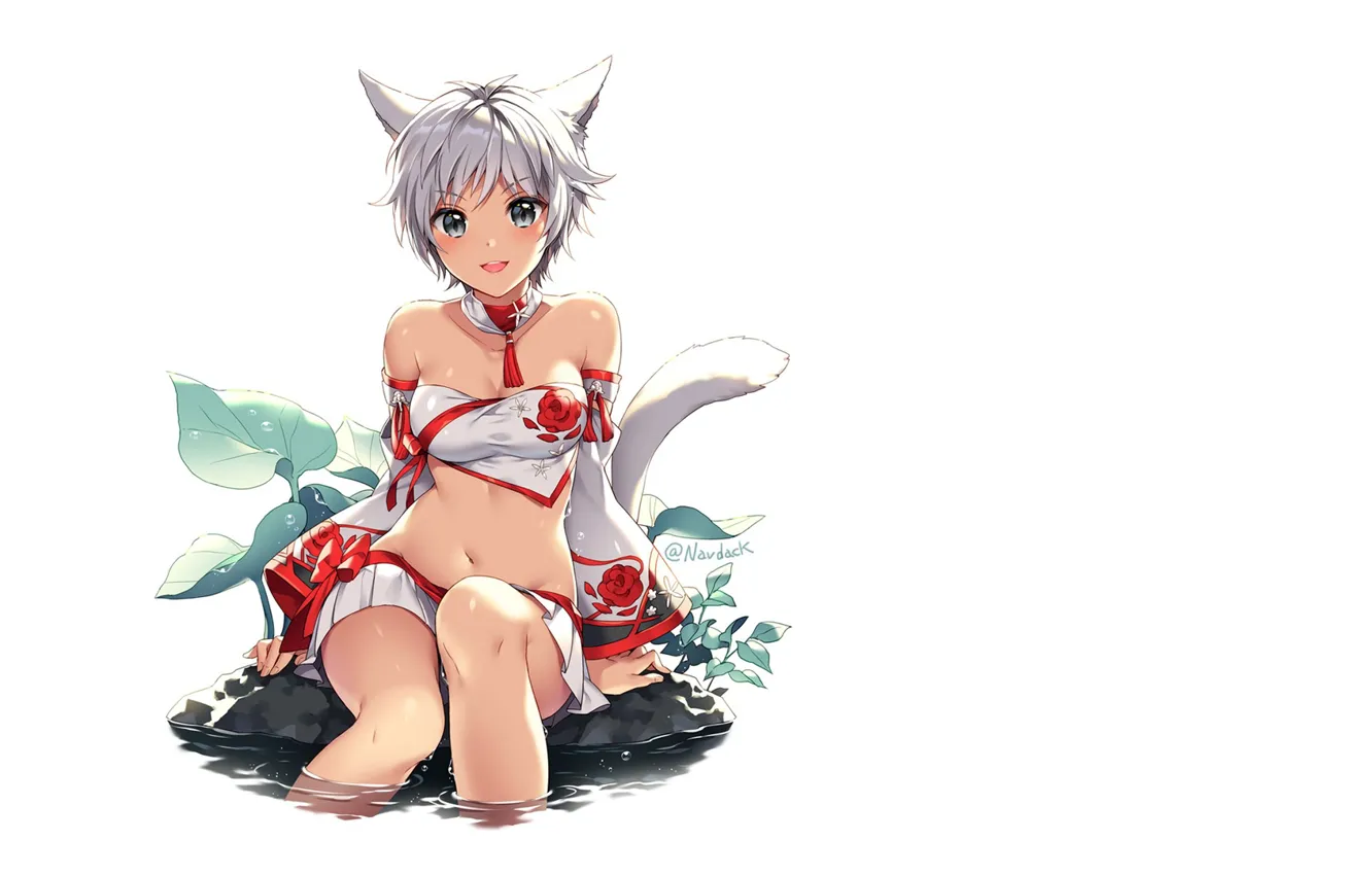 Photo wallpaper tail, white background, ears, in the water, art, square enix, final fantasy xiv, nardack