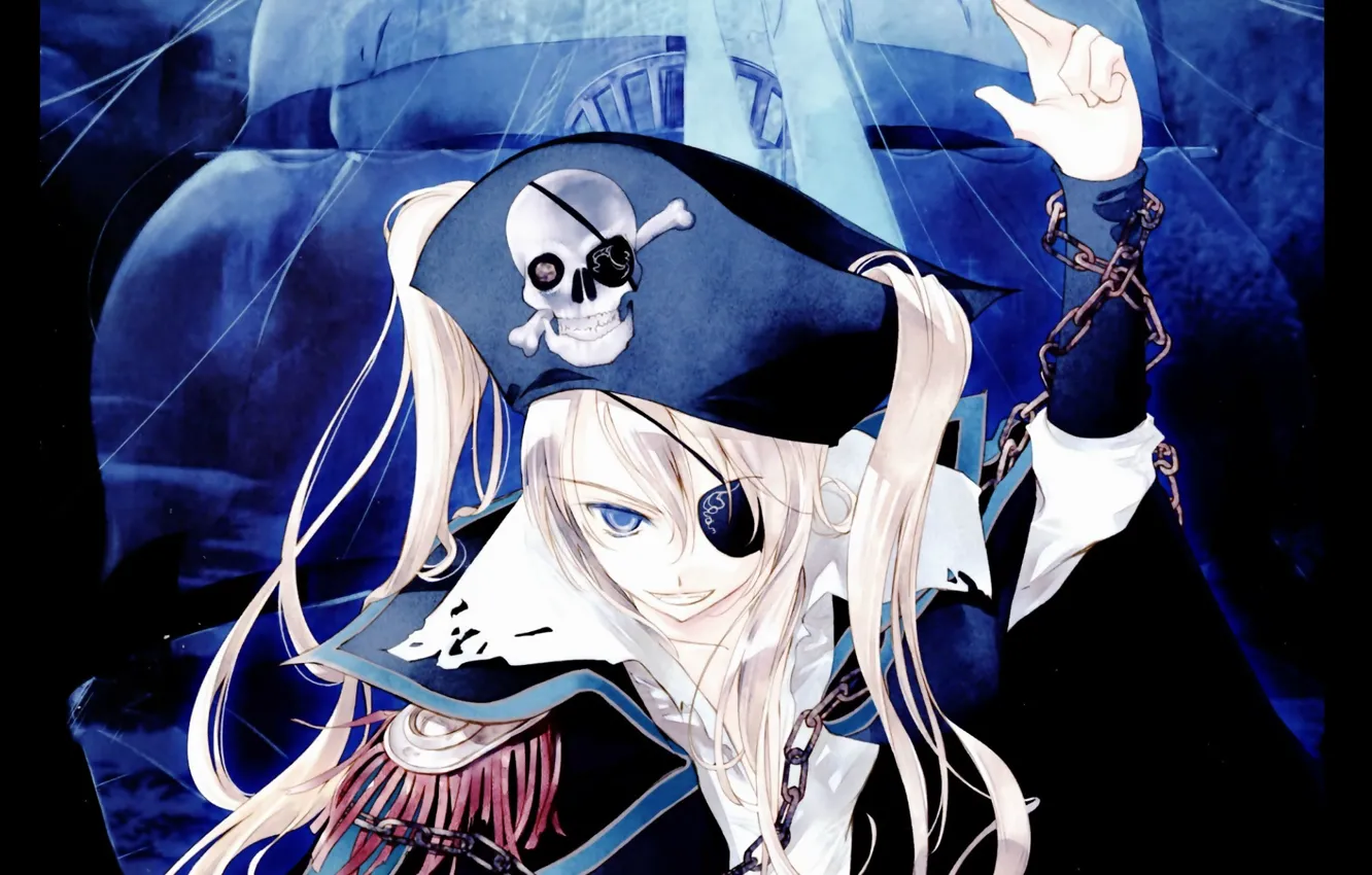 Photo wallpaper skull, pirate, chain, collar, sails, headband, manga, gesture
