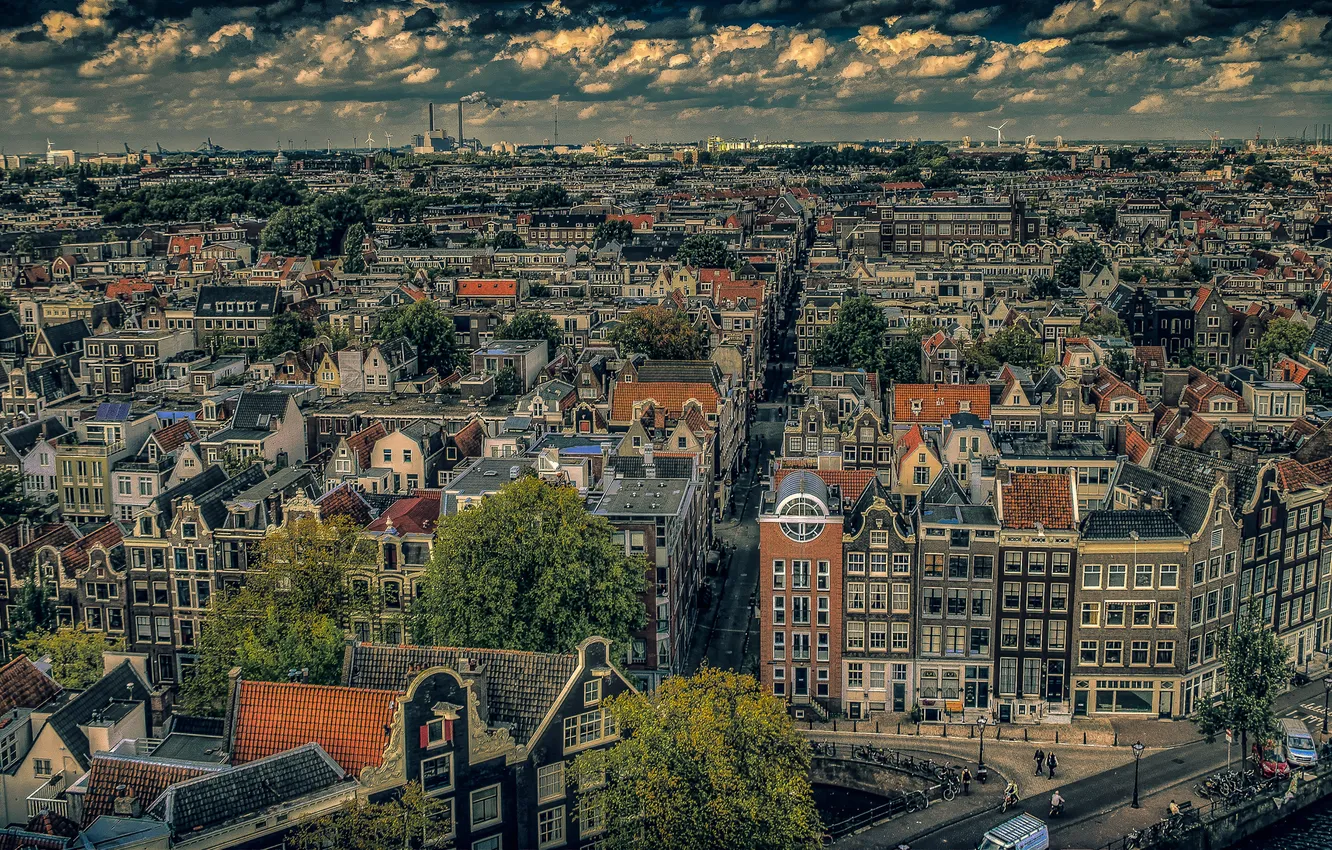 Photo wallpaper the sky, clouds, home, Amsterdam, panorama, Netherlands, street, capital