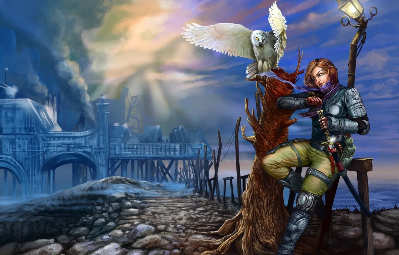 Photo wallpaper road, girl, trees, clouds, stones, weapons, owl, sword