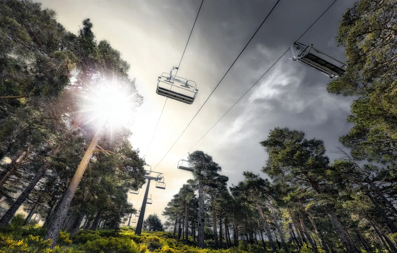 Photo wallpaper the sky, light, trees, cable car