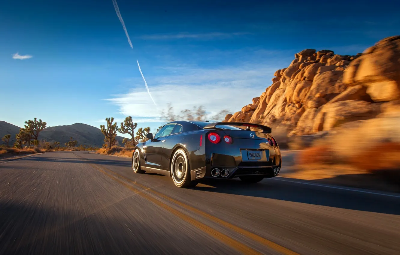 Photo wallpaper road, machine, the sky, black, day, Nissan, GT-R, in motion