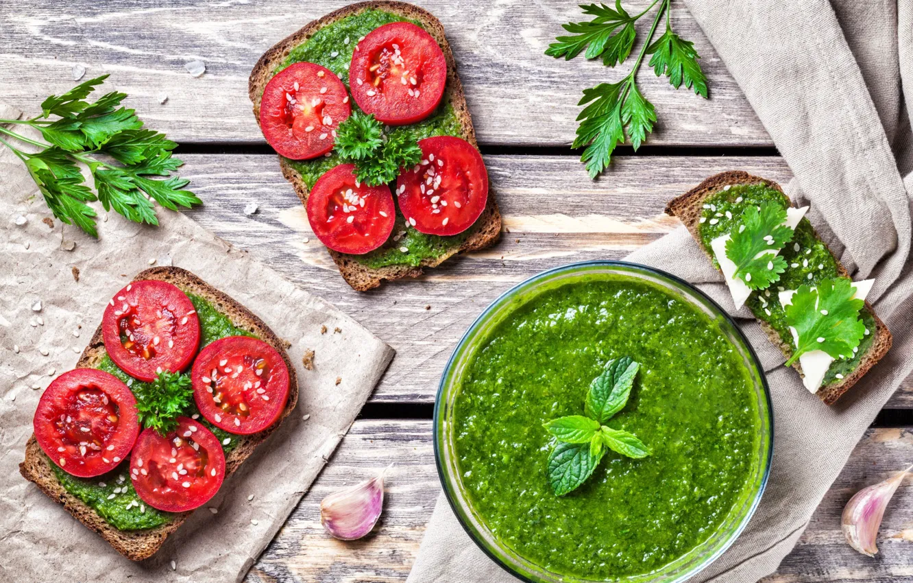 Photo wallpaper tomatoes, sauce, sandwiches, Basil, pesto