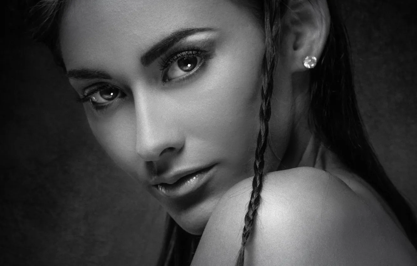 Photo wallpaper look, girl, portrait, black and white photo