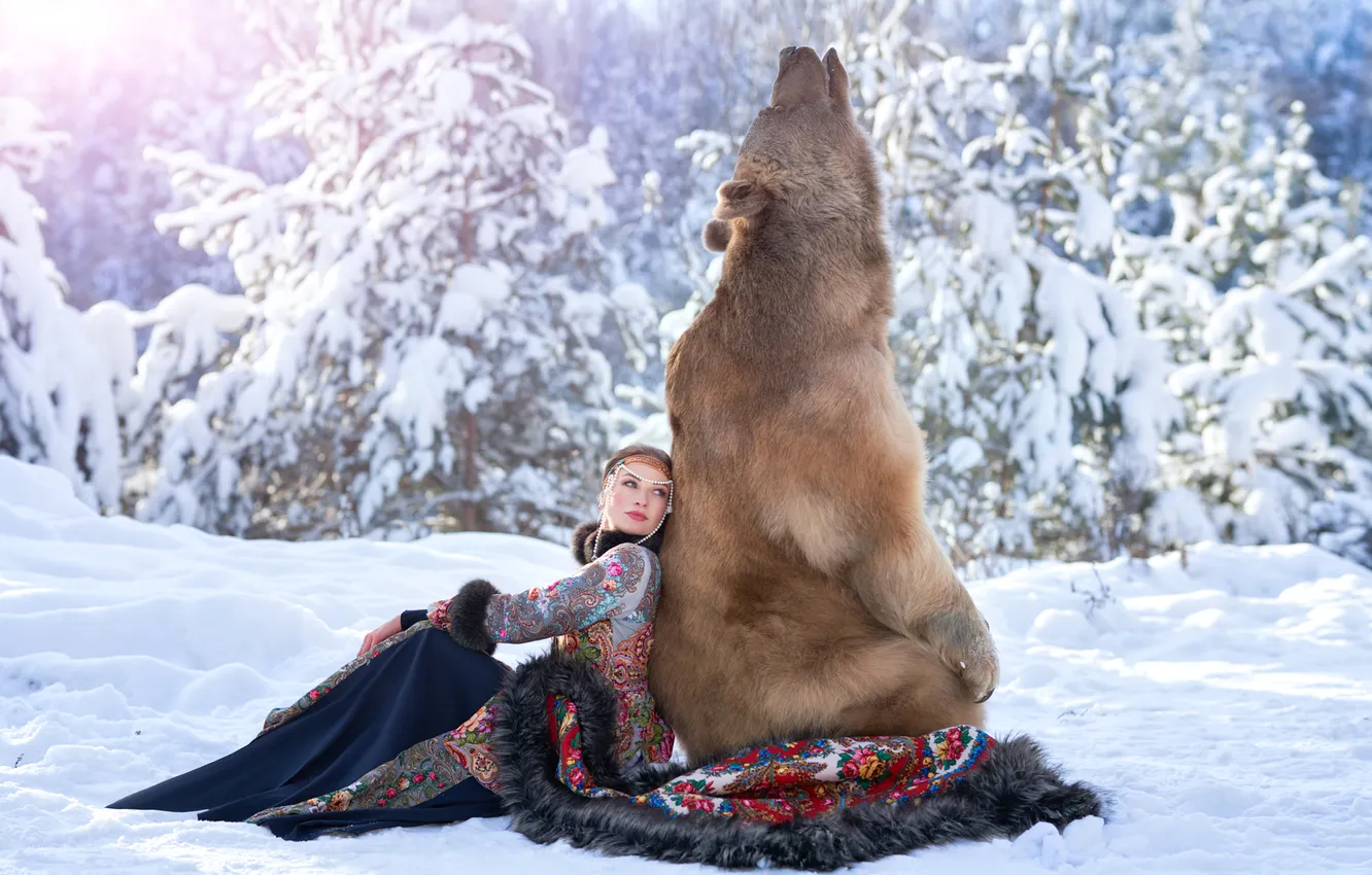 Photo wallpaper winter, frost, forest, girl, light, snow, nature, ate