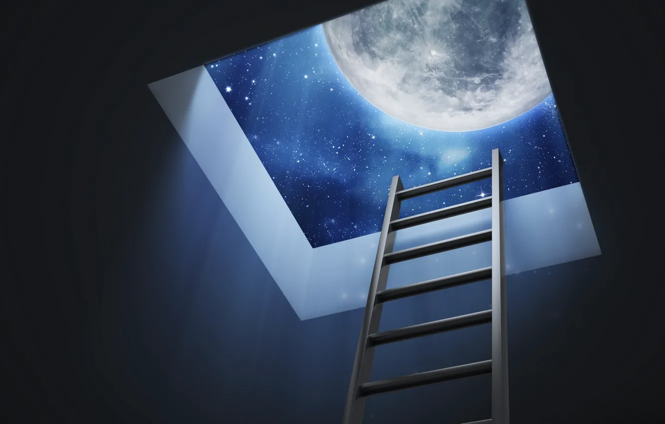 Photo wallpaper moon, Dreams, stairs, roof