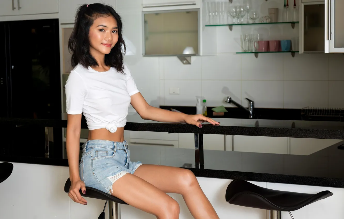 Photo wallpaper girl, shorts, brunette, asian, cute