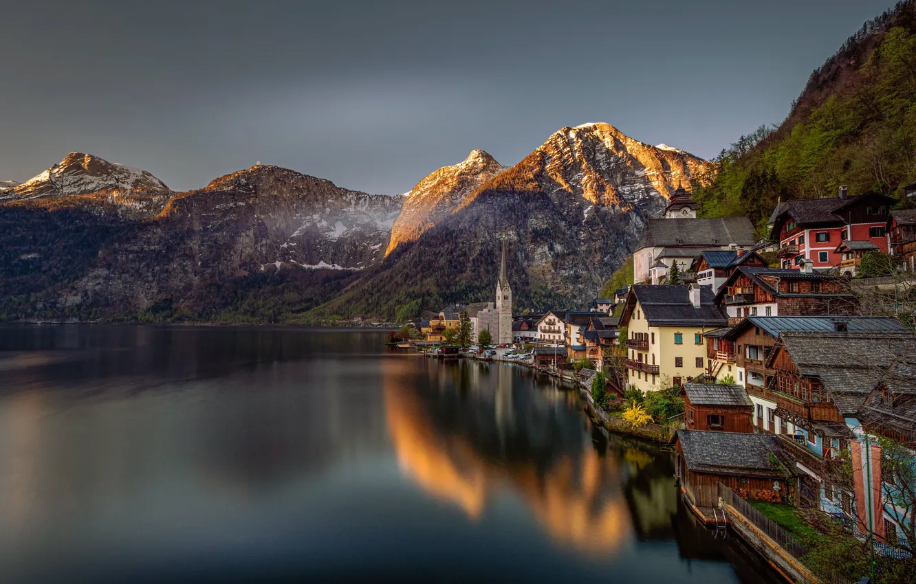 Photo wallpaper mountains, lake, building, home, Austria, Alps, Austria, Hallstatt