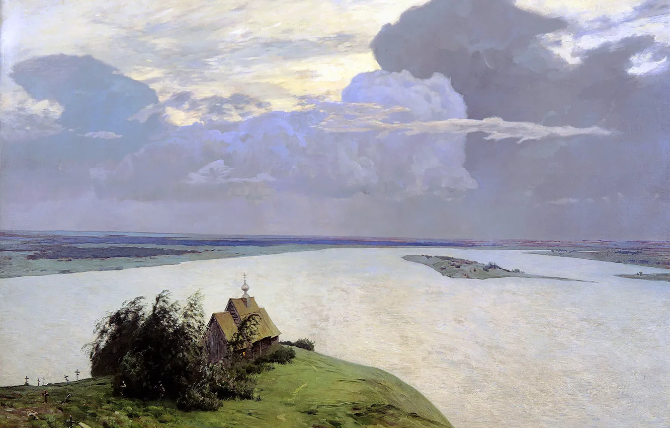 Photo wallpaper Trees, River, Church, Clouds, Picture, Volga, Russian artist, Isaac Levitan