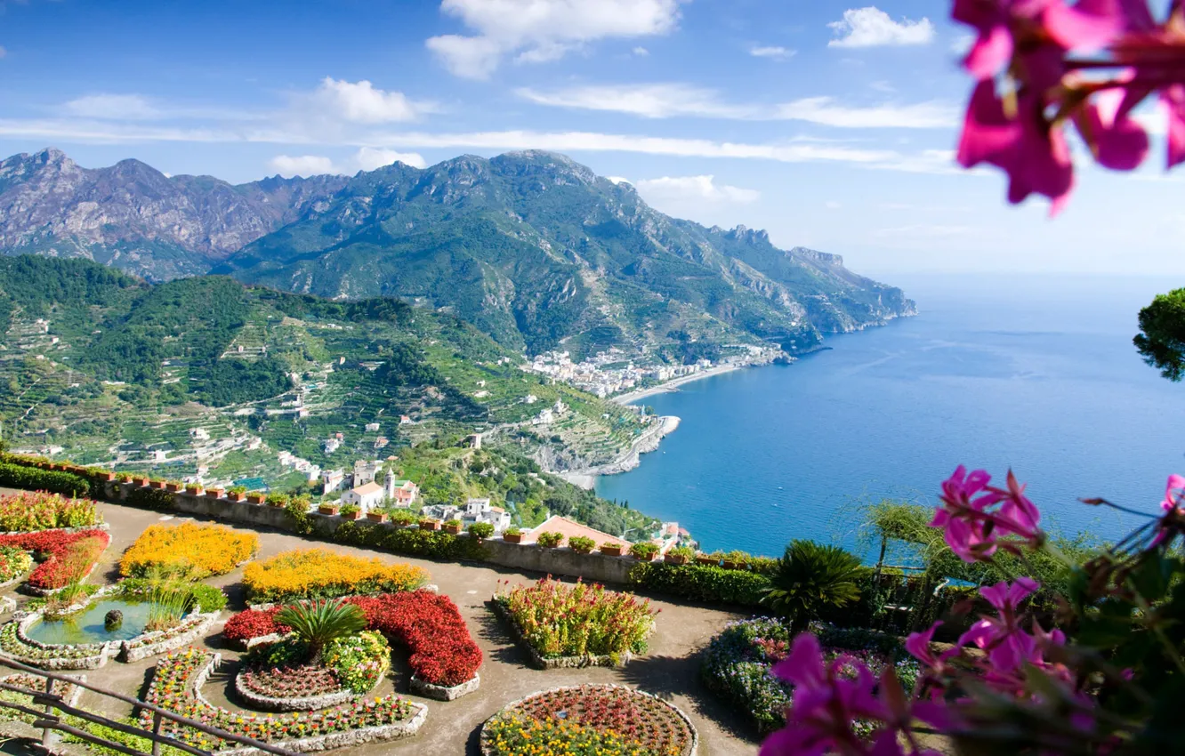 Photo wallpaper sea, flowers, mountains, Villa, Italy, Ravello, Amalfi coast, Villa Rufolo