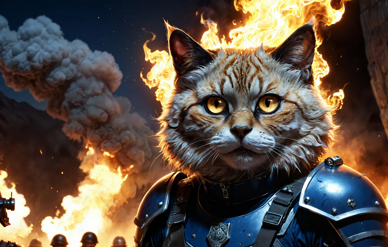 Photo wallpaper cat, lights, smoke, fighter