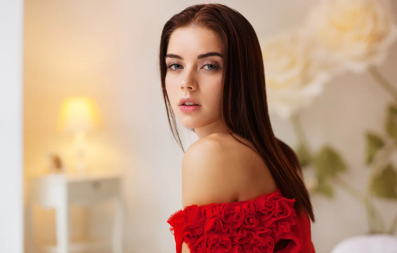Photo wallpaper girl, dress, photo, blue eyes, model, brunette, red dress, portrait