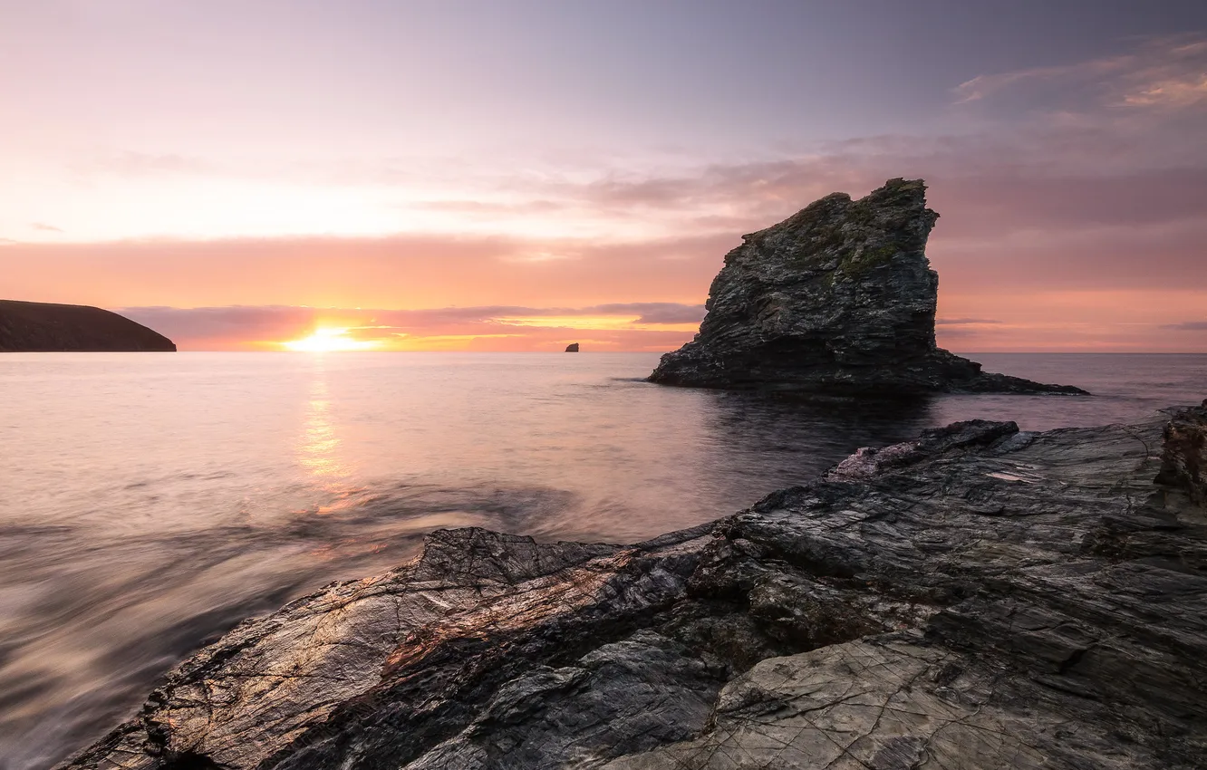 Photo wallpaper sea, the sun, clouds, rocks, dawn, shore, dal, morning