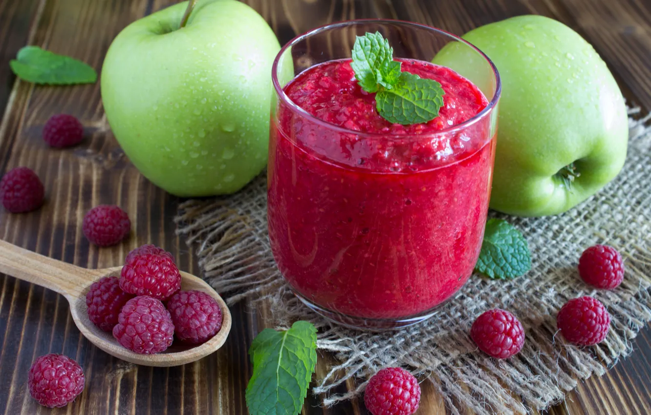 Photo wallpaper raspberry, apples, drink, mint, fresh, smoothies