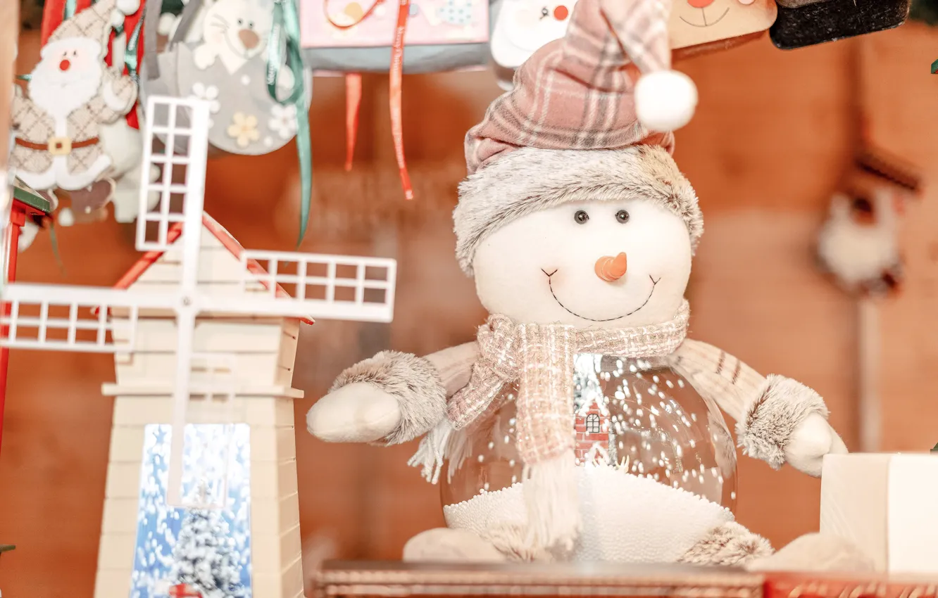 Photo wallpaper smile, holiday, balls, toy, new year, Christmas, mill, snowman