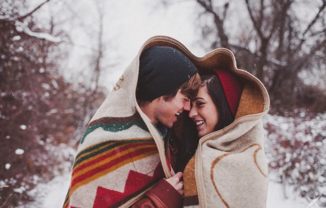 Photo wallpaper cold, winter, girl, snow, love, happiness, guy, smile