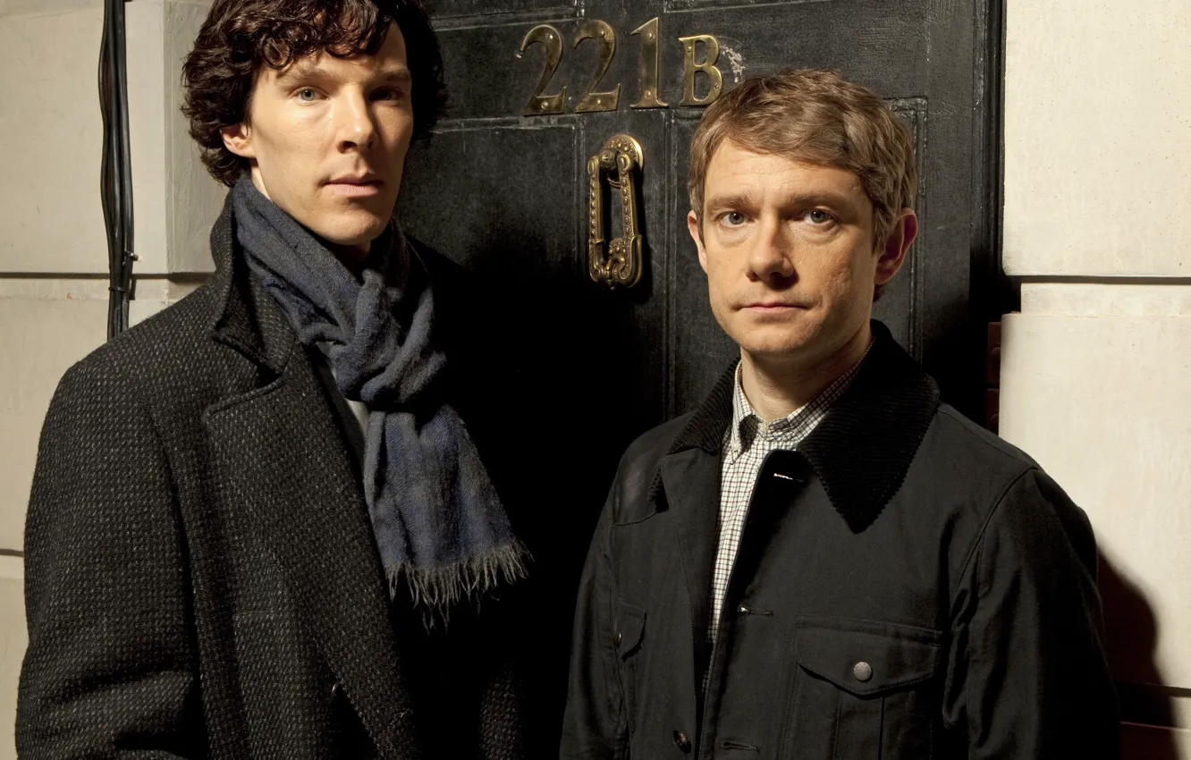 Photo wallpaper the door, Sherlock Holmes, Martin Freeman, Benedict Cumberbatch, Benedict Cumberbatch, Sherlock, Sherlock, Sherlock BBC