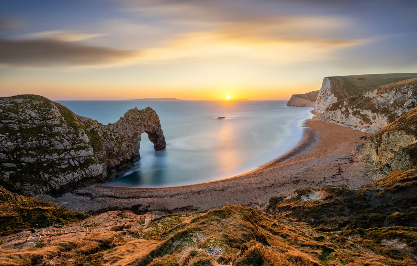 Photo wallpaper sea, the sky, the sun, clouds, light, rocks, dawn, shore
