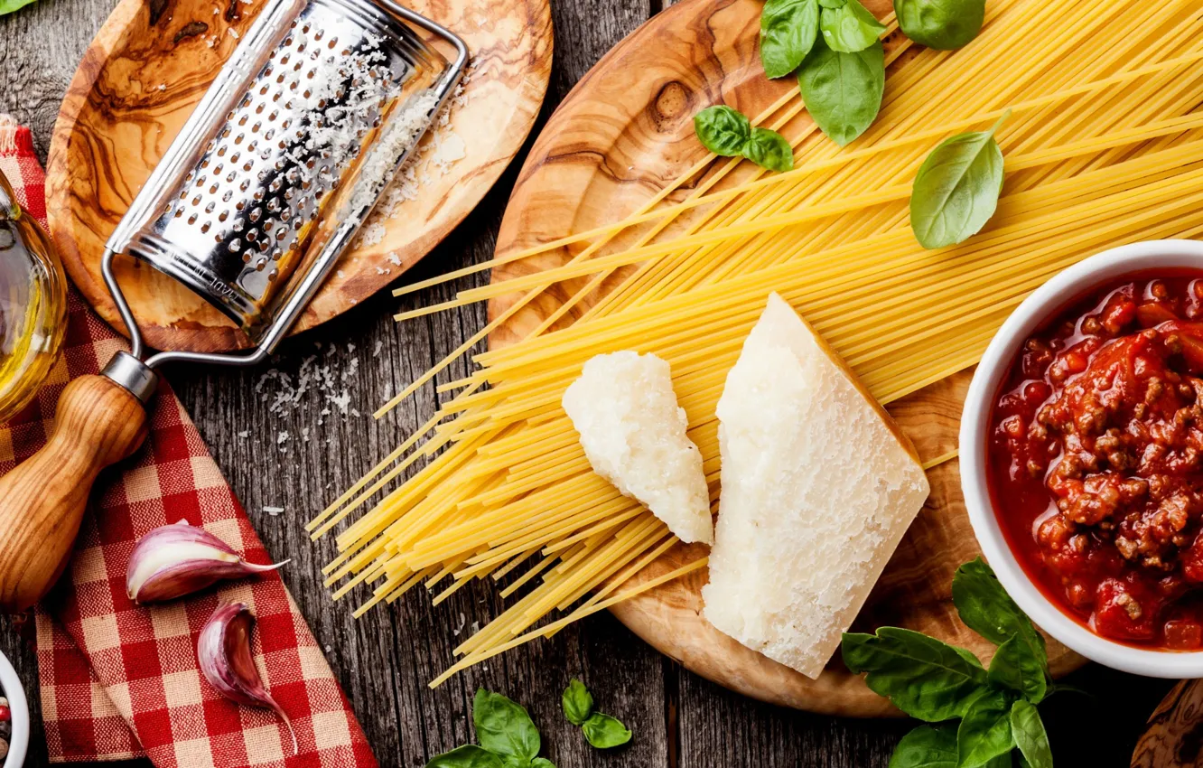 Photo wallpaper cheese, spaghetti, sauce, Parmesan, Bolognese, grater