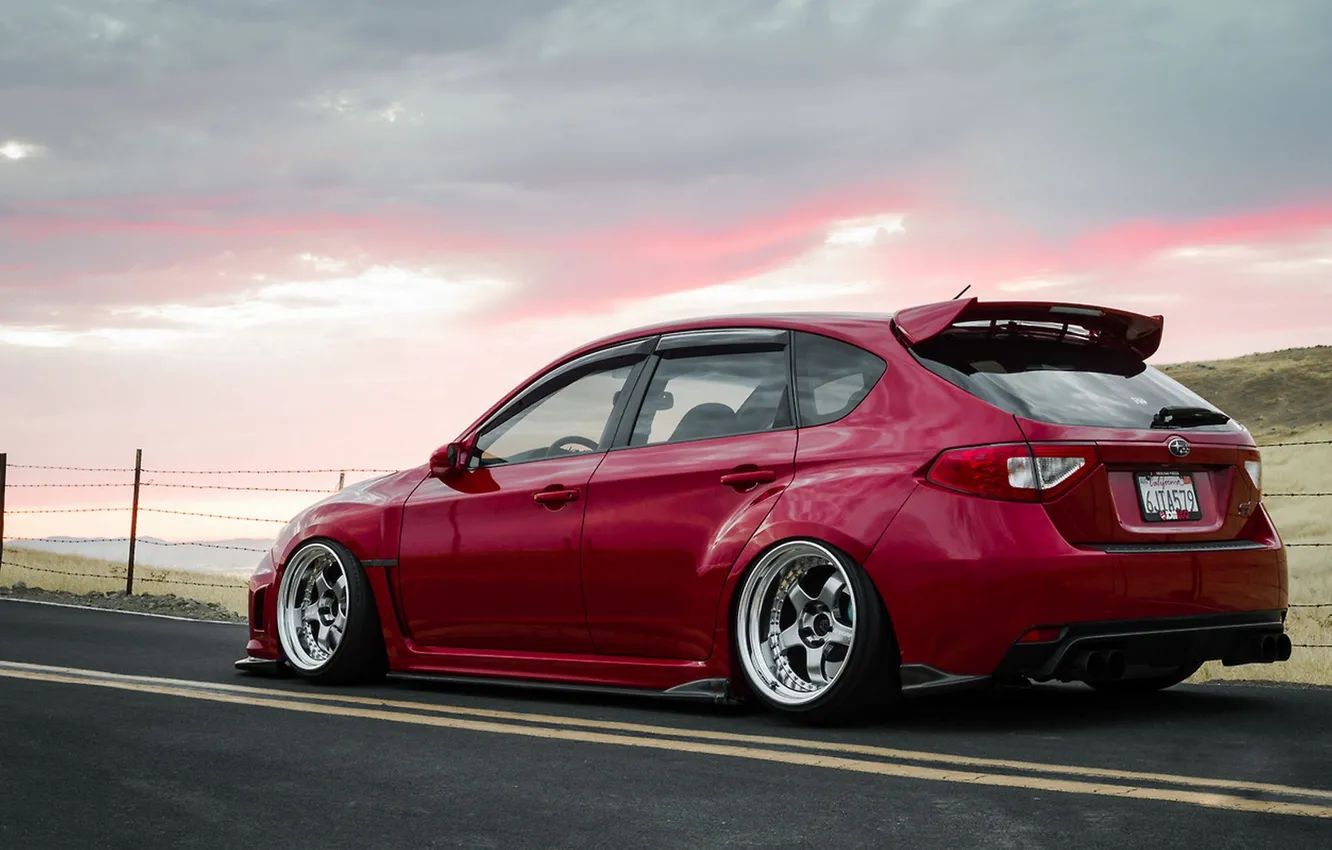 Photo wallpaper Road, Subaru, Impreza, Machine, Tuning, WRX, Red, STI