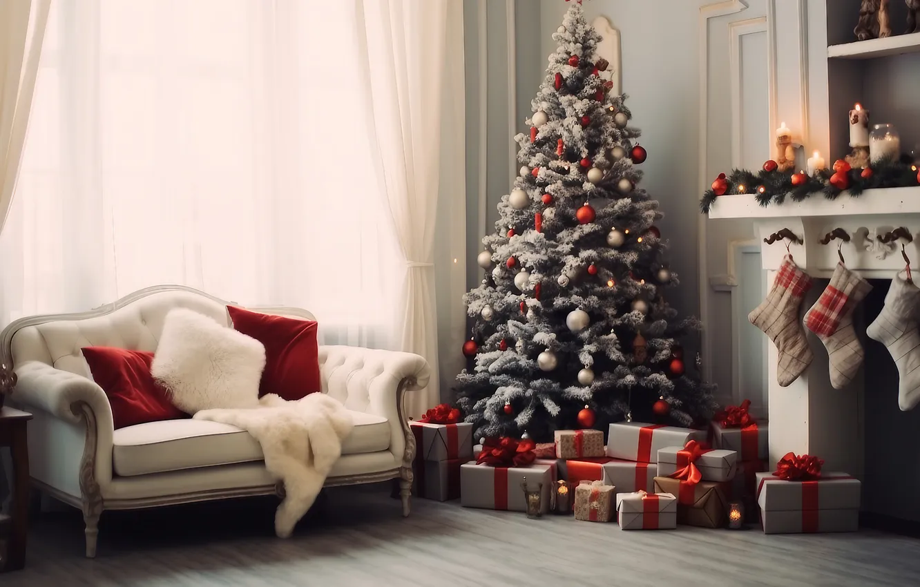 Photo wallpaper decoration, room, gift, tree, new year, interior, Christmas, fireplace