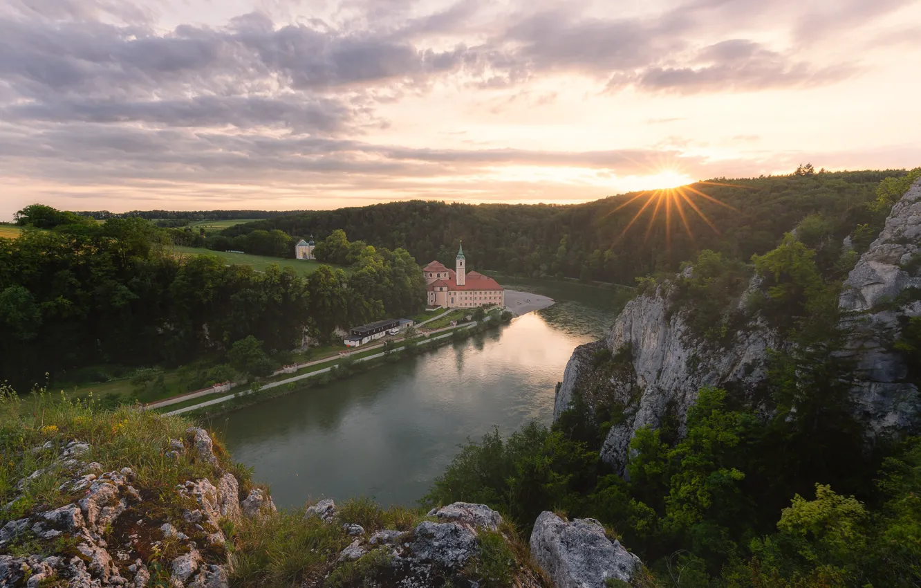 Photo wallpaper rocks, vegetation, pond, Germany, Weltenburg Monastery