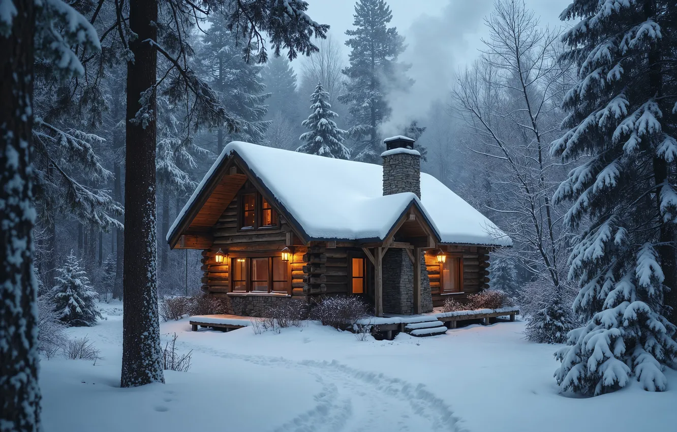 Photo wallpaper winter, forest, snow, mountains, tree, house, house, hut