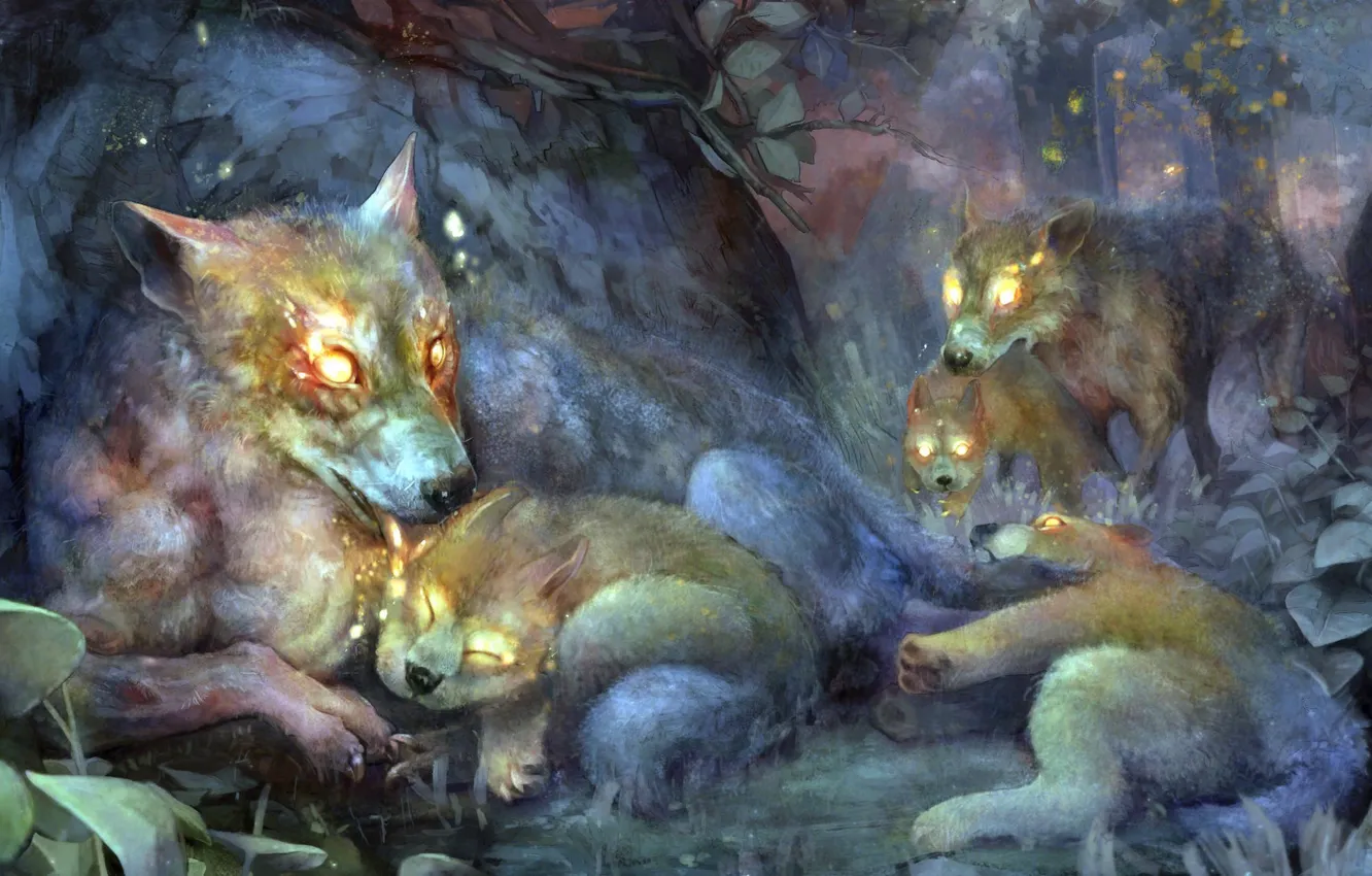 Photo wallpaper forest, the game, twilight, art, wolves, the cubs, wolf, dragon's crown
