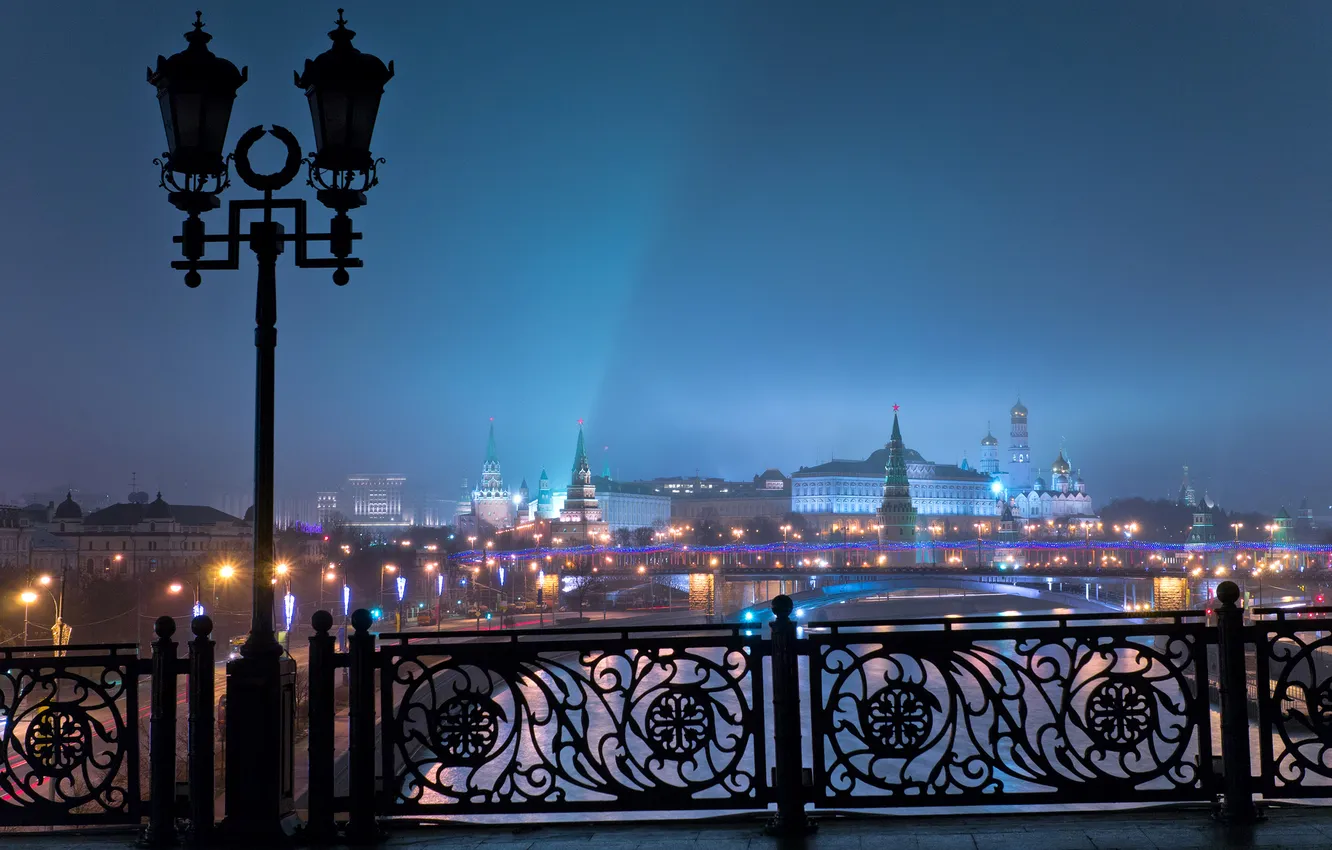 Photo wallpaper landscape, night, bridge, lights, river, lights, Moscow, channel