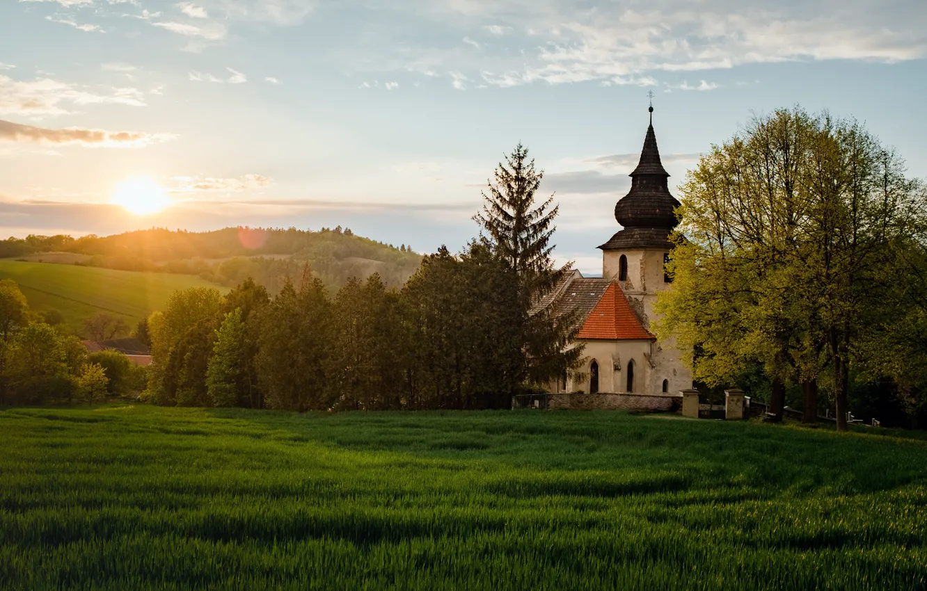 Photo wallpaper trees, landscape, sunset, nature, hills, Czech Republic, Church