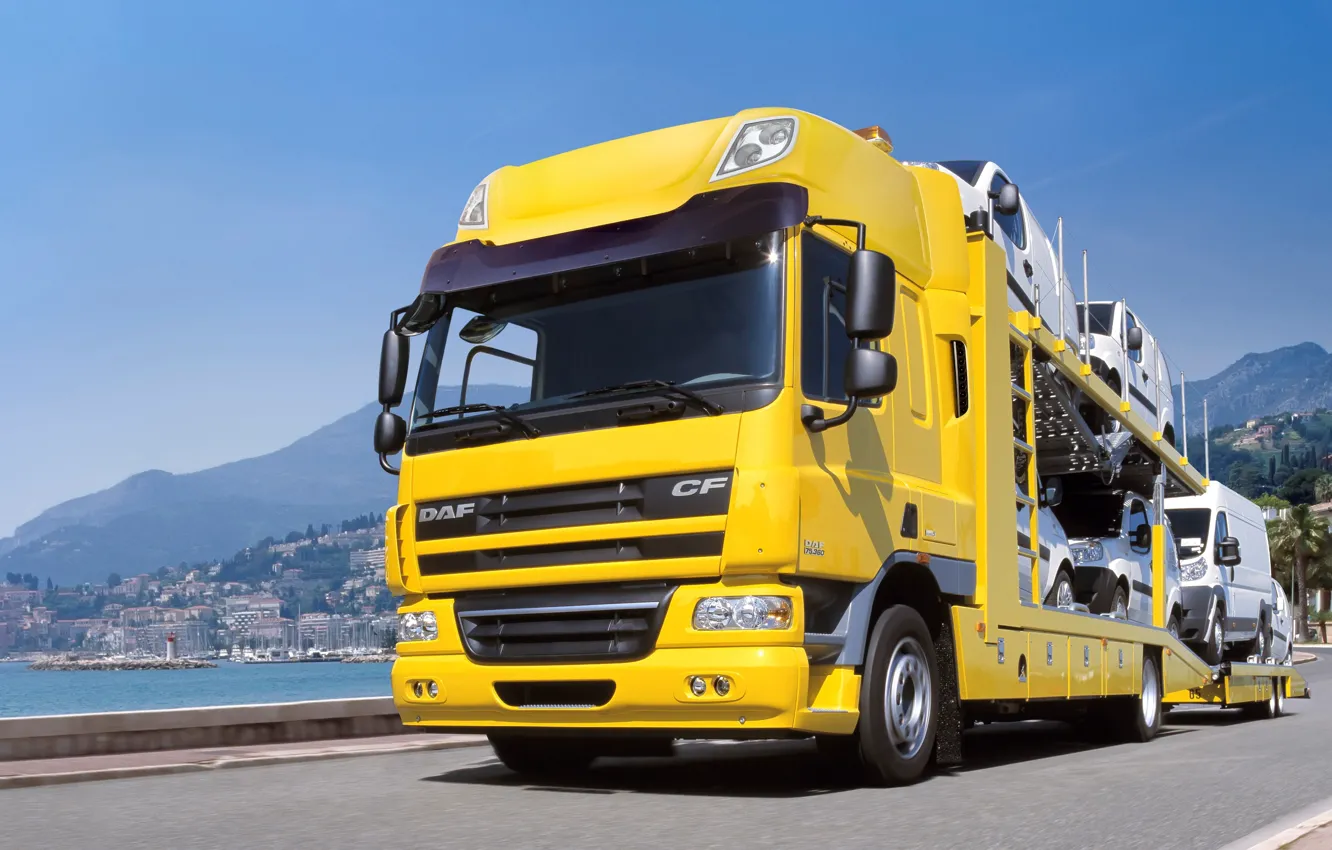 Photo wallpaper road, yellow, tractor, DAF, DAF, Car Transporter, Euro5, 4x2