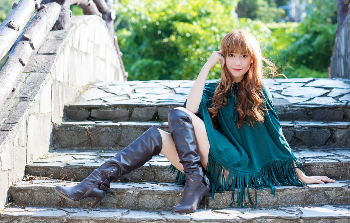 Photo wallpaper look, girl, style, hair, boots, steps, sitting, Cape