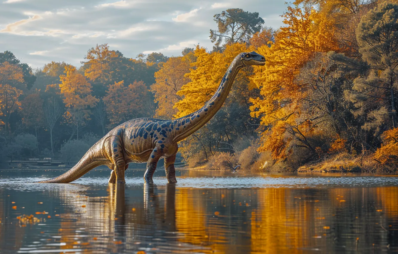 Photo wallpaper trees, river, animal, dinosaur, neck, digital art, Ancient animals, Extinct animals