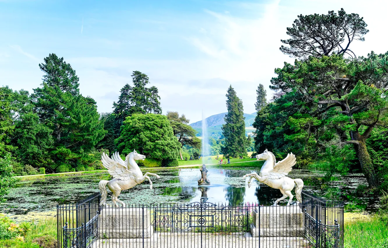 Photo wallpaper the sky, trees, pond, Park, people, horse, fountain, sculpture