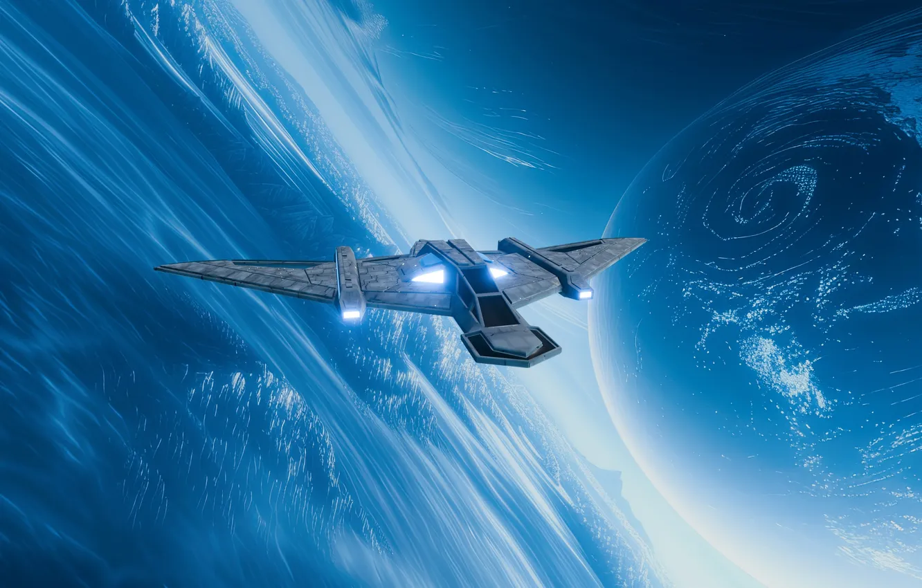 Photo wallpaper the sky, flight, blue, fiction, planet, UFO, the plane, aircraft