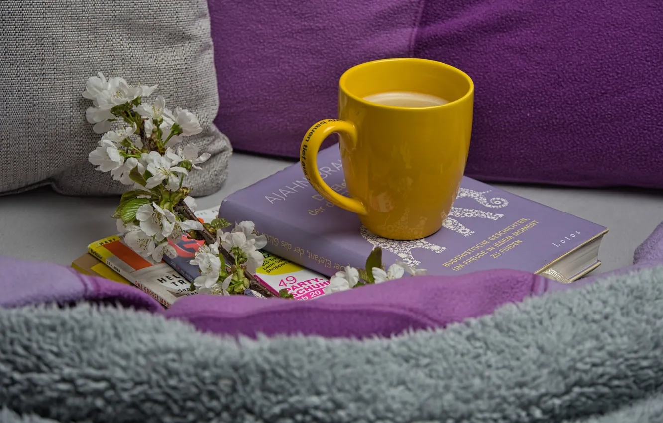 Photo wallpaper branches, flowers, Cup, coffee, book, pillow