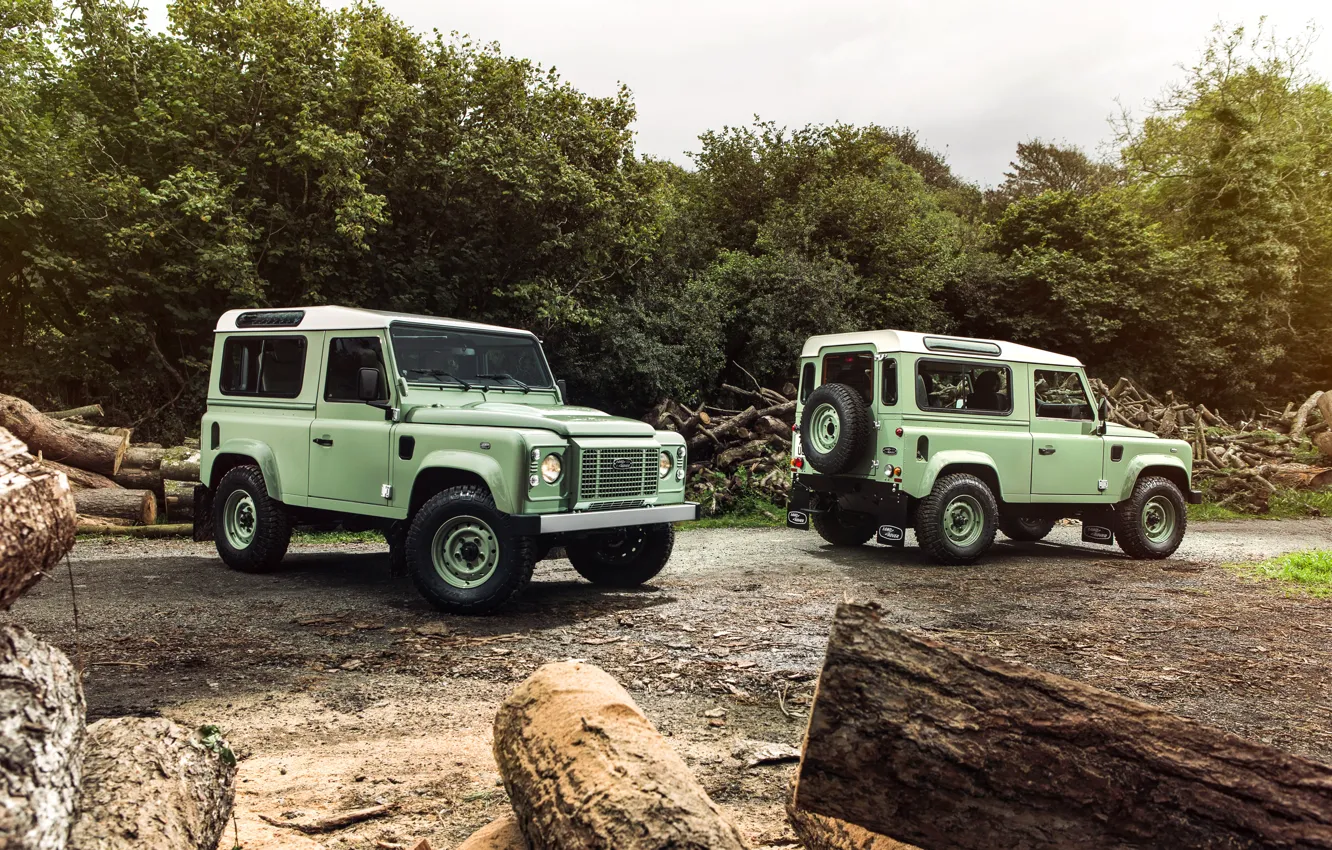 Photo wallpaper photo, Two, Land Rover, Range Rover, Cars, Green, Defender 90 Heritage
