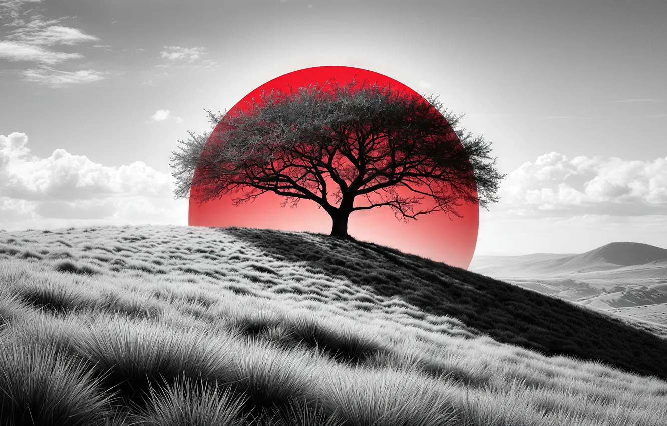 Photo wallpaper red, landscape, tree, circle