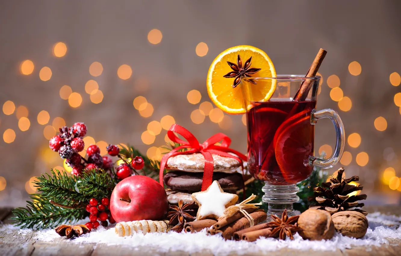 Photo wallpaper Apple, New Year, cookies, Christmas, nuts, cinnamon, wine, orange