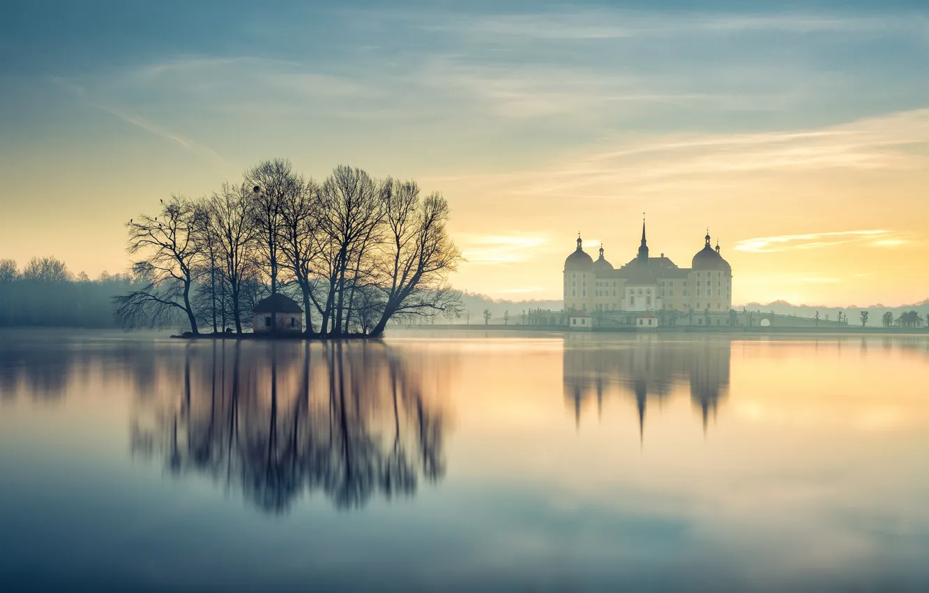 Photo wallpaper trees, fog, pond, reflection, castle, dawn, morning, Germany
