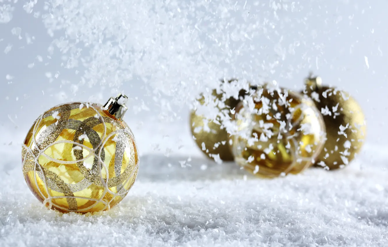 Photo wallpaper snow, background, balls, yellow, Christmas