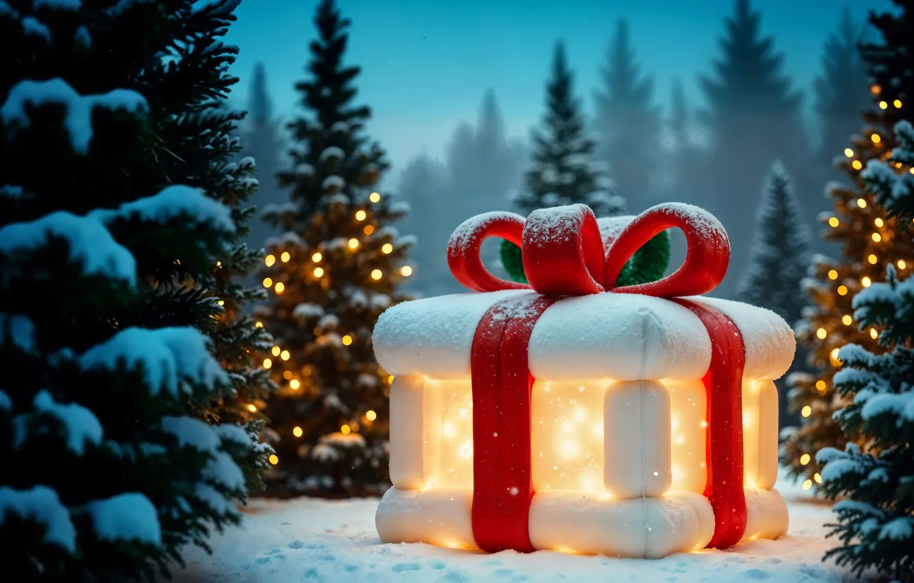 Photo wallpaper snow, decoration, night, lights, gift, tree, new year, Christmas