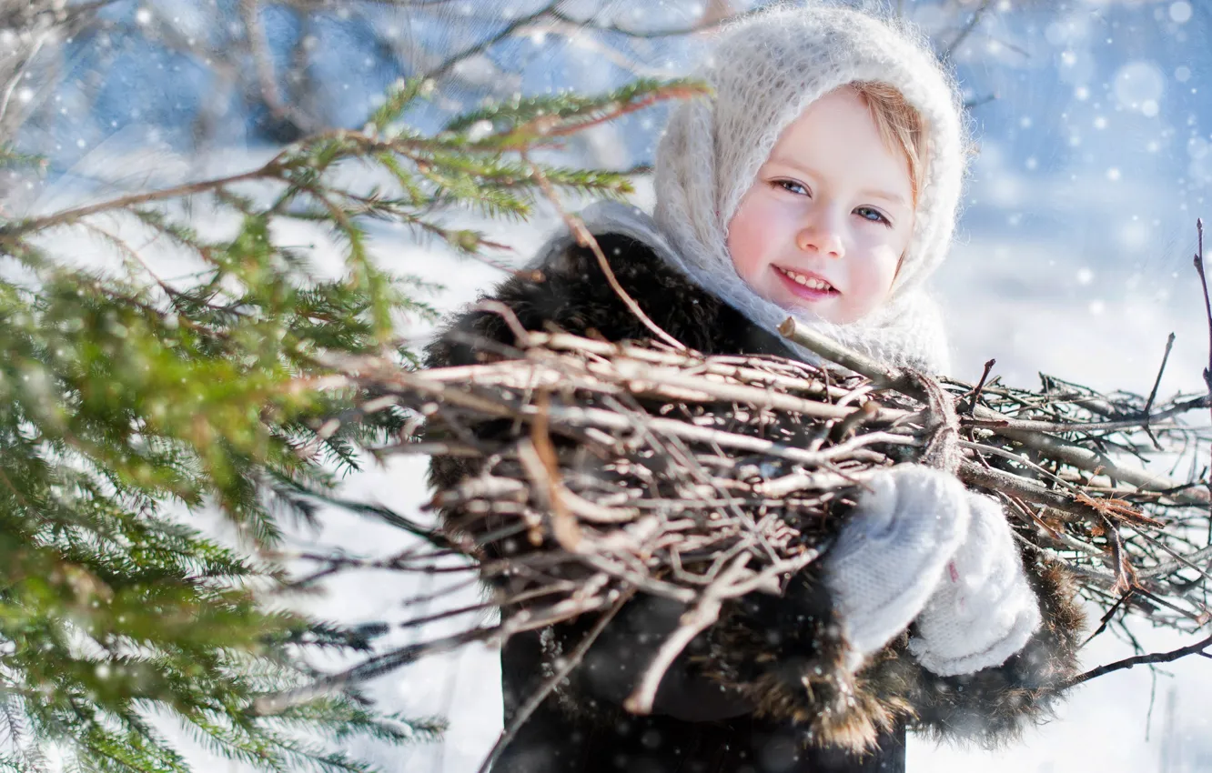 Photo wallpaper winter, look, girl, shawl, mittens, firewood