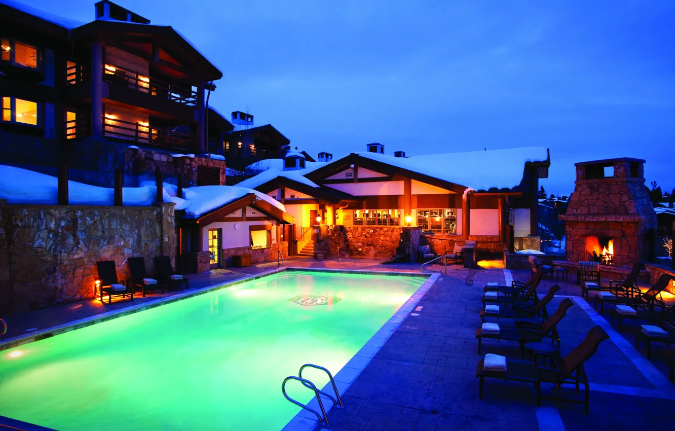 Photo wallpaper winter, snow, Villa, the evening, pool, lighting, oven, terrace