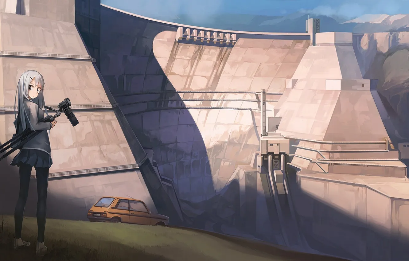 Photo wallpaper machine, girl, mountains, nature, anime, camera, art, astg