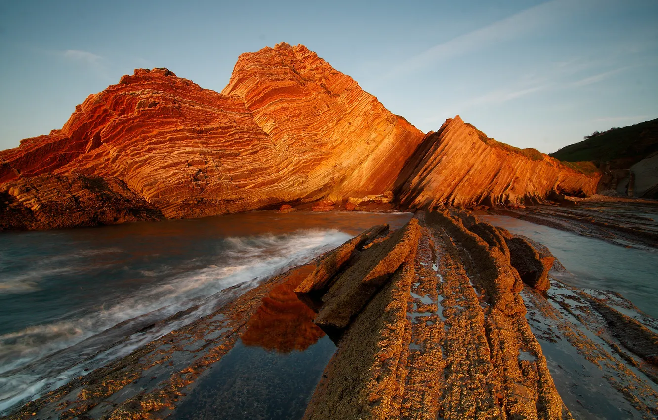 Photo wallpaper sea, the sky, sunset, rocks, shore