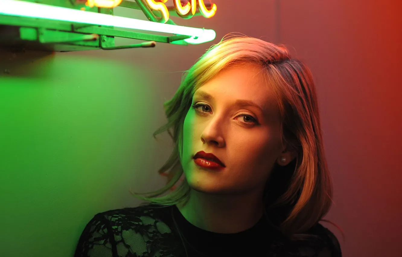 Photo wallpaper green, light, red, girl, Neon, beauty, lips, face