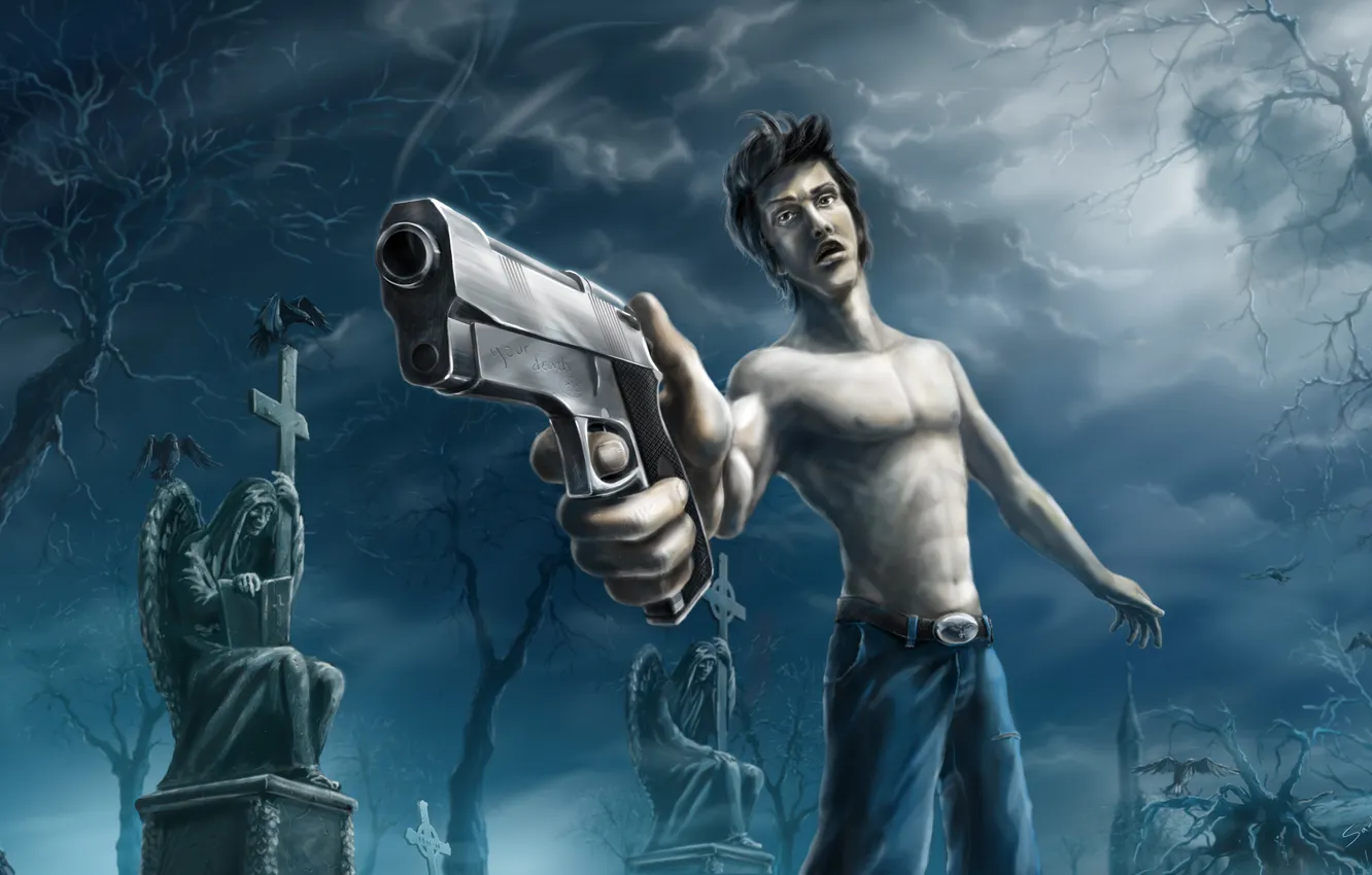 Photo wallpaper weapons, fiction, graves, people, cross, cemetery