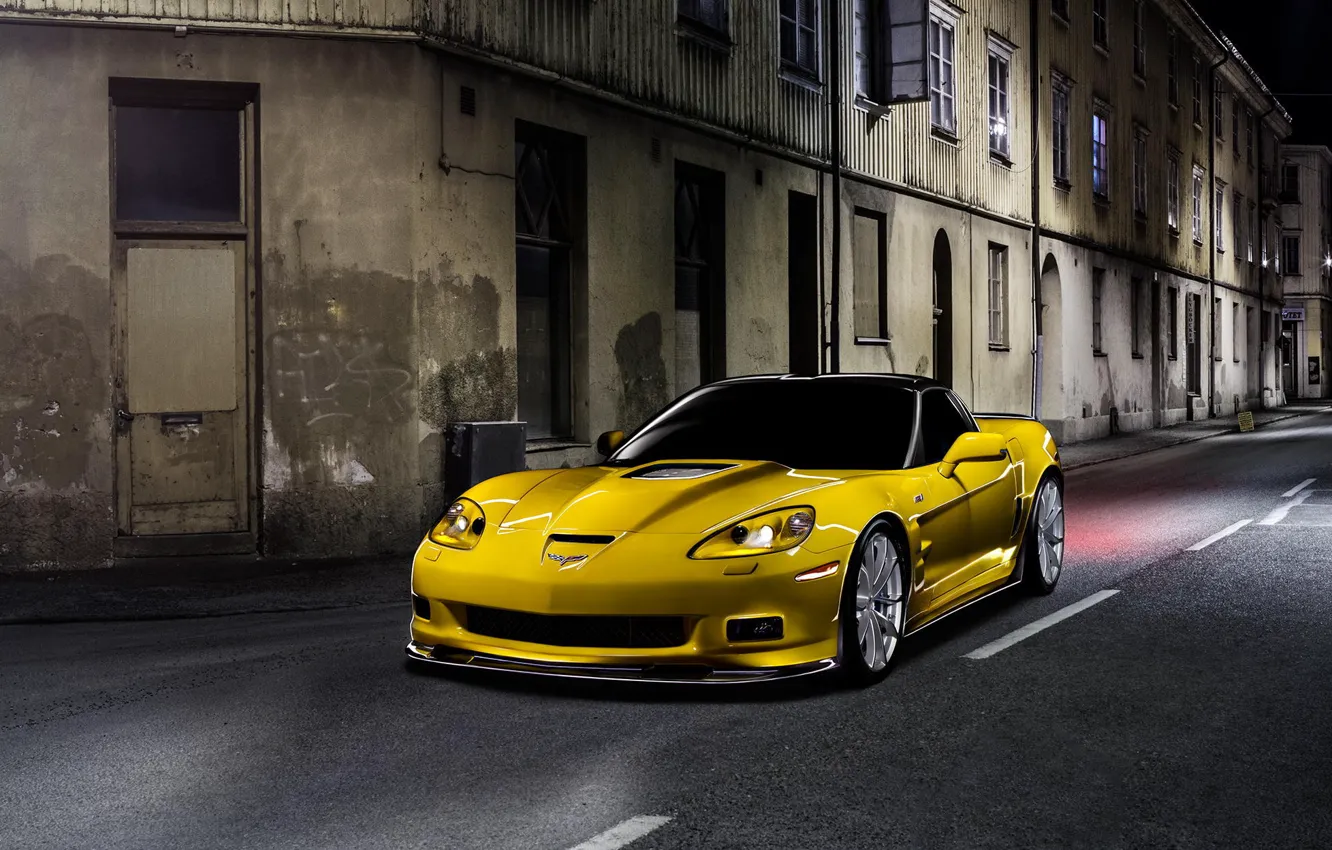 Photo wallpaper Corvette, Chevrolet, ZR1, Car, Night, Yellow