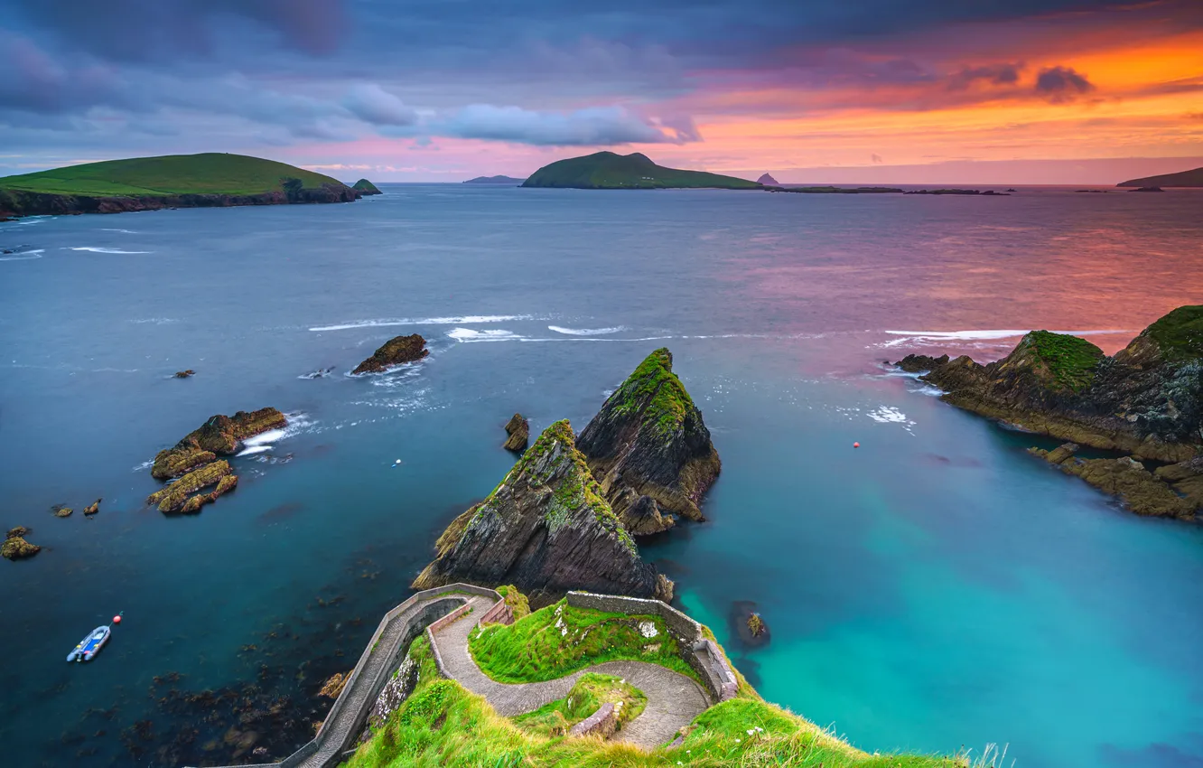 Photo wallpaper sea, the sky, sunset, rocks, shore, Ireland, County Kerry, Daniel Burton